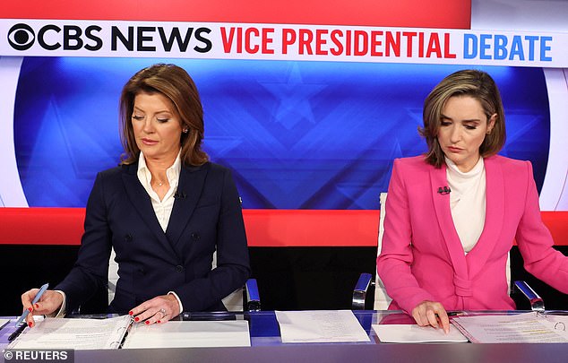 The debate was moderated by Norah O'Donnell (left) and Margaret Brennan (right) of CBS News. At one point, Brennan fact-checked Vance about the immigration status of Haitian immigrants, prompting an angry response from the Republican vice presidential nominee.