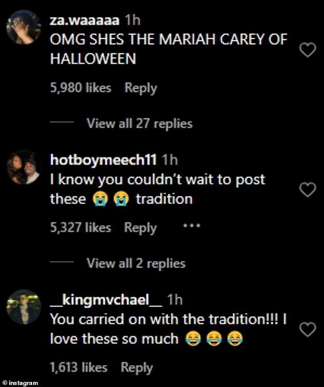 Social media users jumped into the comments section of Megan's latest post to share their thoughts, with one writing: 'OMG she is the Mariah Carey of Halloween.'