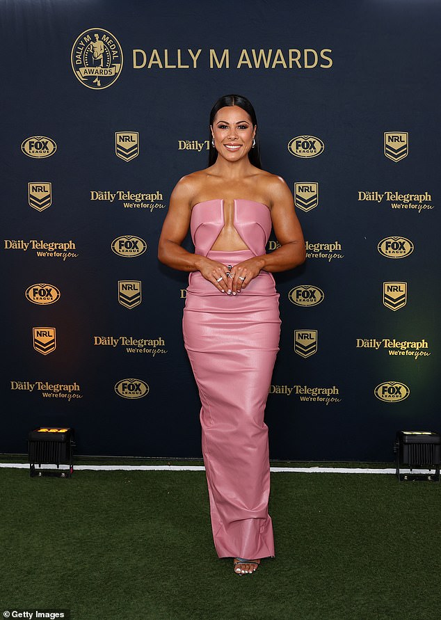 Cronulla NRLW star Tiana Penitani turned heads in a fitted strapless pink dress