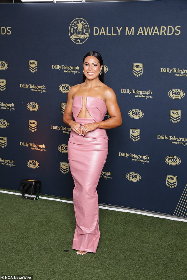 The NRLW star showed off her ripped body in a $1,760 pink leather dress by American designer Rick Owens.