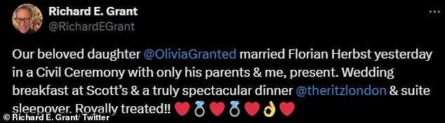 Olivia, a casting associate whose film credits include Barbie, had previously exchanged vows with Herbst in July, a service attended only by her father and the groom's parents.