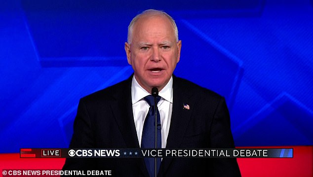 Democratic vice presidential candidate Minnesota Governor Tim Walz speaks during a debate with Republican vice presidential candidate US Senator JD Vance.