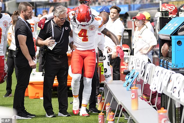 Chiefs receiver Rashee Rice was taken off the field after a collision with Patrick Mahomes.