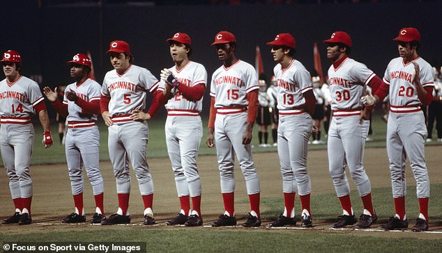 Pete Rose #14, Joe Morgan #8, Jonny Bench #5, Tony Perez #24, George Foster #15, Dave Concepcion #13, Ken Griffey #30 and Cesar Geronimo #20 of the Cincinnati Reds lineup during introductions formerly Game 1 of the 1975 World Series against the Boston Red Sox on October 11, 1975 at Fenway Park