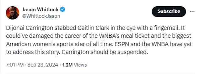 Jason Whitlock Claimed 'Dijonai Carrington Stabbed Caitlin Clark in the Eye with a Fingernail'