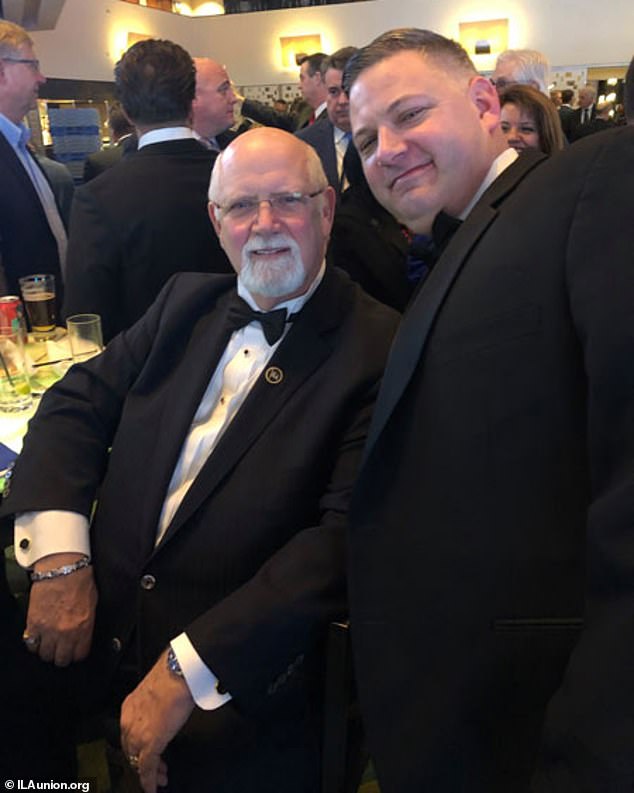 Wealthy union boss Harold Daggett, 78, wears a tuxedo at a Christmas event with his son, John, in 2019.