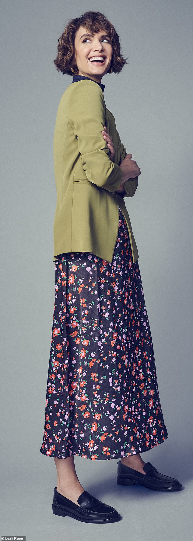 Floral print midi dress, £59, olive blazer, £59.25, warehousefashion.com; all footwear from a selection at russellandbromley.com, all jewelery from orelia.co.uk