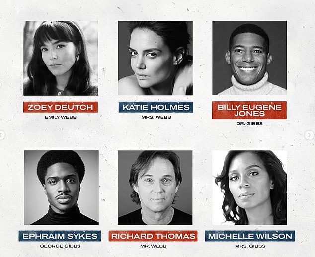 The revival features a total of 28 actors, including Holmes, Jim Parsons, Zoey Deutch, Ephraim Sykes, Julie Halston and Michelle Wilson.