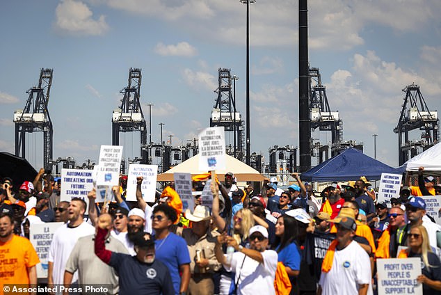 Cranes that normally run day and night are shut down during a strike by ILA members at the Bayport container terminal