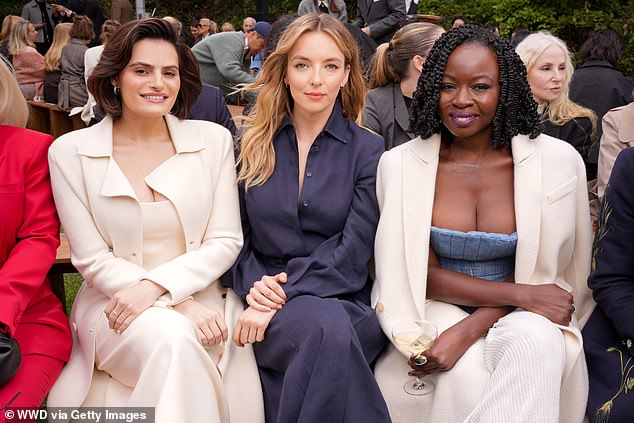 The English star smiled into the lens as she posed with Baby Reindeer sensation Nava Mau (L) and Black Panther favorite Danai Gurira (R).