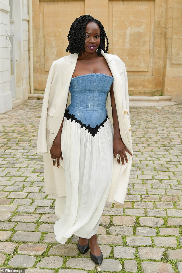 Elsewhere, Danai turned heads in a strapless dress that featured attached bustier denim and a pleated white skirt.