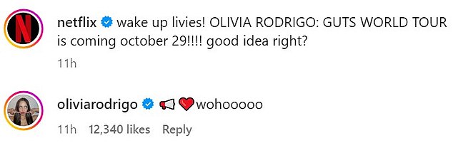 Olivia Rodrigo reacts to her concert film announcement on Instagram.