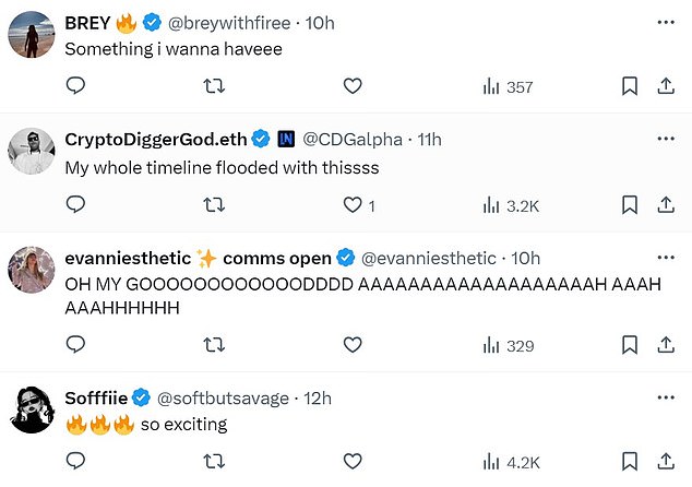 @breywithfiree added, 'Something I want to have,' while @CDGalpha said, 'My whole timeline was flooded with this,' and @softbutsavage said, 'very exciting,' with three flame emojis.