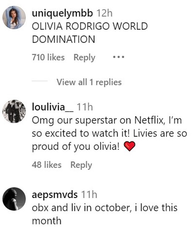 @loulivia__ added: 'OMG our superstar on Netflix, so excited to see him! Livies is so proud of you, Olivia! while @uniquelymbb said, 'OLIVIA RODRIGO WORLD DOMINATION'