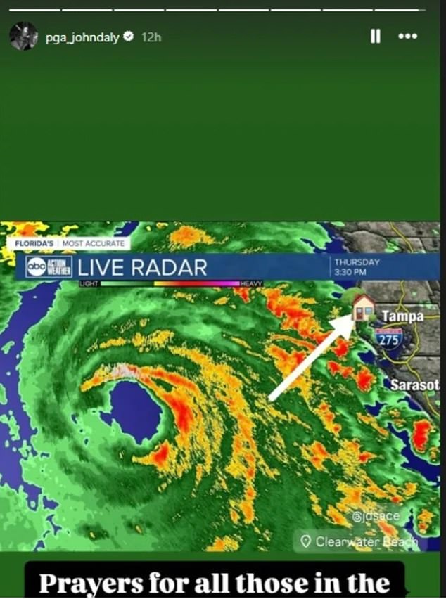 The golfer posted a radar screenshot of the storm while pointing to his home near Tampa.