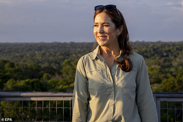 She is in the country for a four-day official visit. Pictured at the top of a 42-meter-high observation tower overlooking the Amazon rainforest.