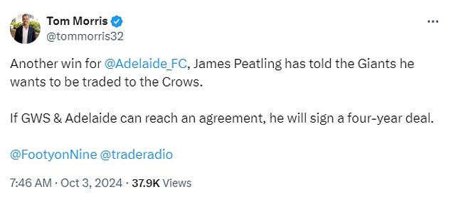 Journalists Riley Beveridge and Tom Morris confirmed the news on X (formerly Twitter) and Morris claimed that Peatling could sign a 