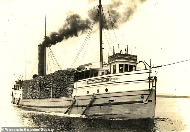 But on June 5, 1895, as the John Evenson attempted to tow the gigantic I.W. Stephenson (pictured) into the Sturgeon Bay shipping channel in Door County, Wisconsin, the smaller ship somehow sailed ahead of the other. and they collided.