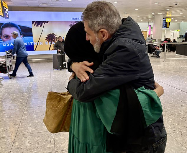 This is the emotional moment a husband reunited with his wife at Heathrow airport after she managed to flee war-torn Lebanon.