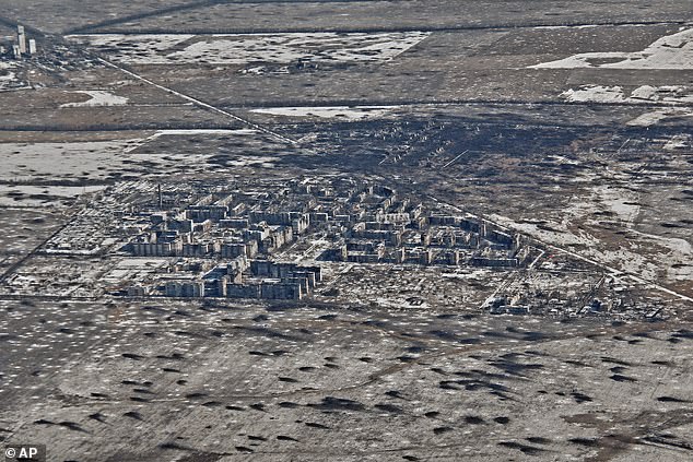 An aerial view of the heavily damaged city of Vuhledar. The huge explosion occurred when Russian troops captured the strategic city of Vuhledar, in the Donetsk region, from the Ukrainians after a furious fight that lasted many months.