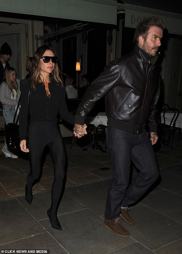 The fashion designer, 50, and the former soccer player, 49, who have been married for 25 years, sweetly held hands as they left the restaurant after the family meal.