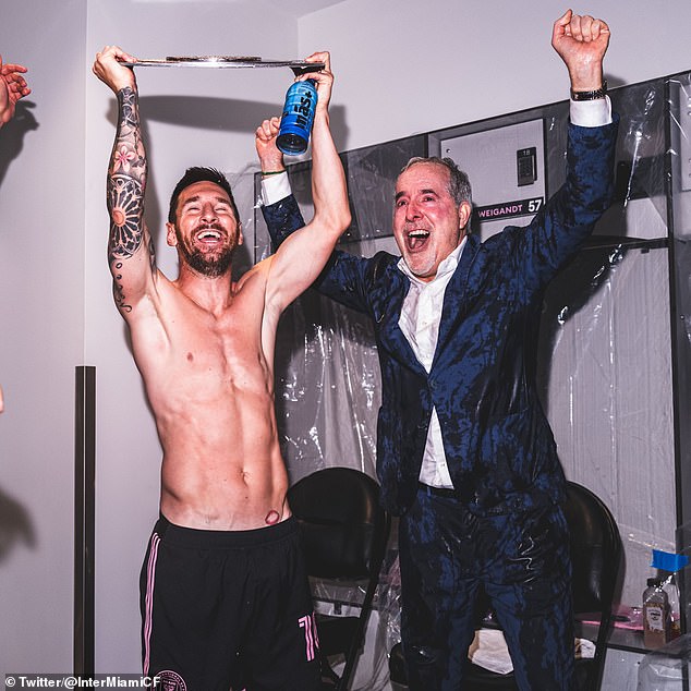 Messi celebrated with Inter Miami's Jorge Mas after the Herons beat the Crew in a 3-2 victory.