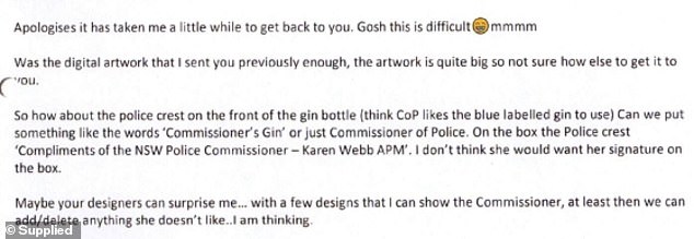 Pictured: An email from a member of NSW Police staff to a Hope Estate representative, discussing the personalized gin label.