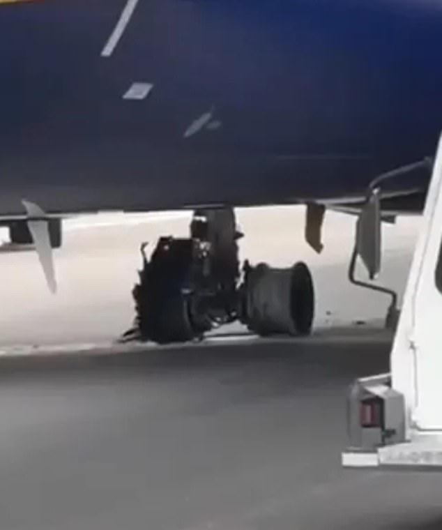 Stunning images show one of the Ryanair plane's burst tires