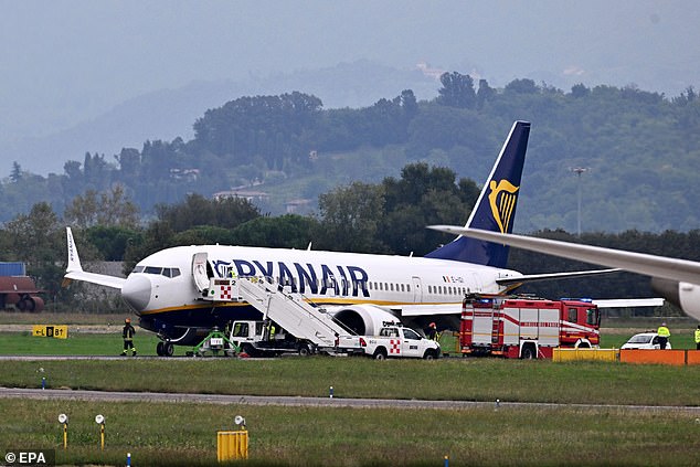 Ryanair flight FR846 arriving from Barcelona El Prat, on the runway at Orio al Serio airport, in Bergamo, Italy