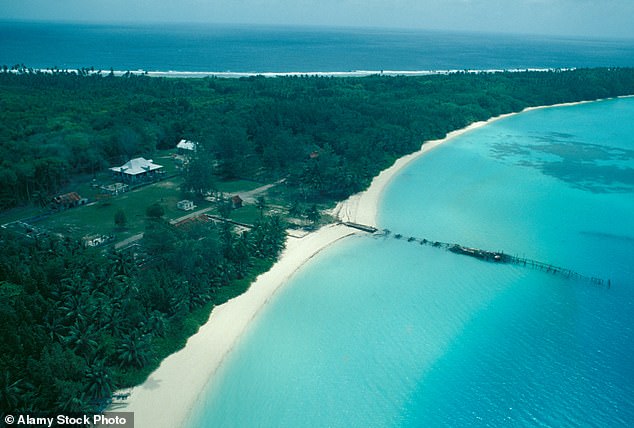 Aerial image showing roads, buildings and forests on the Diego Garcia Islands in the Indian Ocean