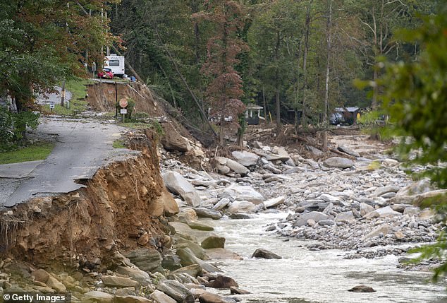 Flood damage is seen following Hurricane Helene on October 2, 2024 in Chimney Rock, North Carolina.