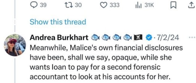 Evans claims that Burkhart has been fraternizing with Gruffudd, has said horrible things about me, and refers to me as Malice instead of Alice in his Twitter posts?