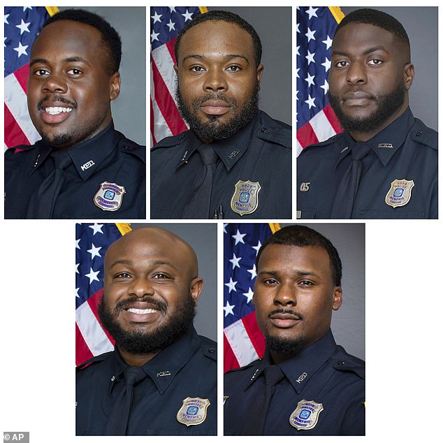 Charged with second-degree murder were (top, left to right) Tadarrius Bean, Demetrius Haley, Emmitt Martin III and (bottom, left to right) Desmond Mills Jr. and Justin Smith. Mills Jr. pleaded guilty during a hearing in federal court in Memphis on Thursday.