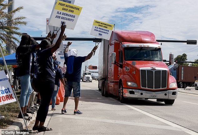 The strike began Tuesday over wage disputes and the automation of gates, cranes and container shipping trucks at 36 ports from Texas to Maine.