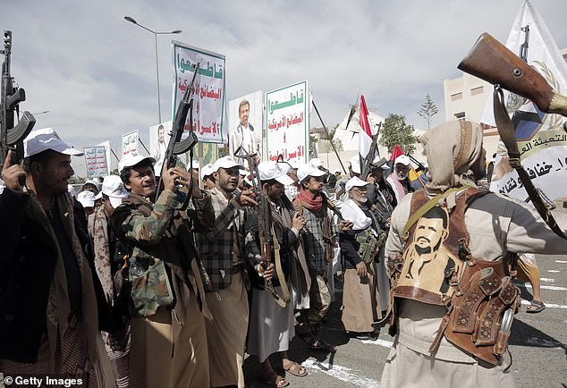 Yemeni tribesmen belonging to the Houthi movement take part in a popular parade and rally held to support the Palestinians and against the US and UK airstrikes against Yemen, on February 7, 2024, in Sana'a, Yemen.