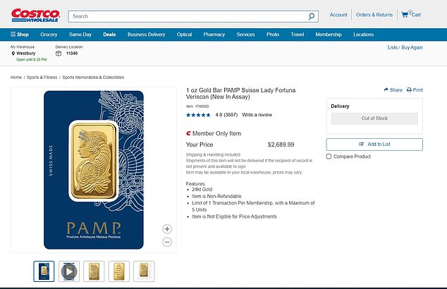 When Costco started selling gold bars in September 2023, they cost around $1,949.99. This week, although they were out of stock on the website, they were listed for $2,689.99, an increase in value of $740.