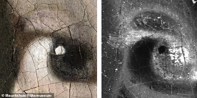 While much of the painting is left vague and blurred, Vermeer includes extremely fine detail in areas meant to draw attention. These microscope photographs reveal how Vermeer even painted eyelashes that are only visible through X-ray images (right)