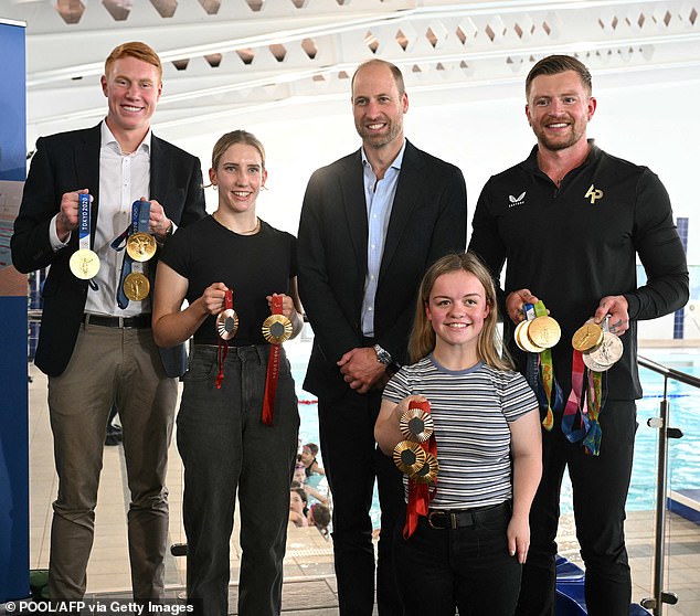 Britain's Prince William, Prince of Wales, poses for a photograph with British Olympic and Paralympic athletes Adam Peaty (R), Tom Dean (L), Maisie Summers-Newton (front R) and Louise Fiddes (2ndL)