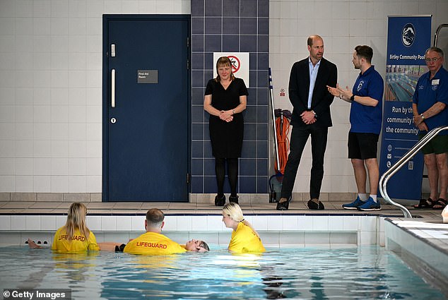 Britain's Prince William, Prince of Wales, attended a lifeguard trainer training session during his visit to Birtley Community Pool.