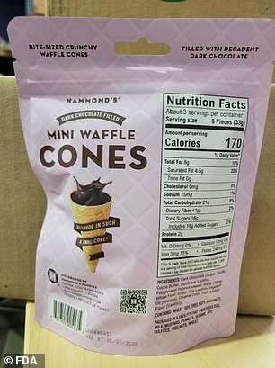 Hammond's Candies Dark Chocolate Filled Mini Waffle Cones (pictured) have been recalled due to undeclared milk