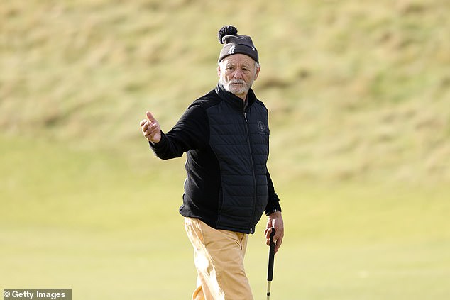 Bill Murray had a contrasting afternoon, but made sure to stand out in a pair of bright yellow pants and a black puffer coat.