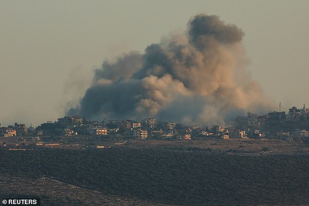 Smoke rises amid ongoing hostilities between Hezbollah and Israeli forces, seen from Tire in southern Lebanon on October 4.