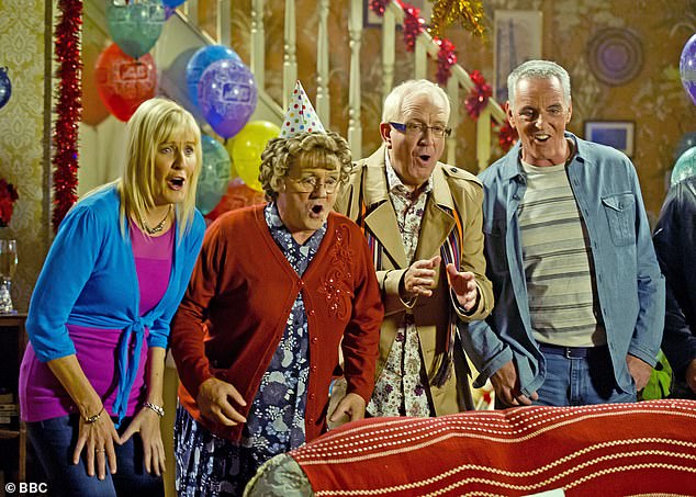 The TV star employs his family to appear alongside him, with his wife Jennifer Gibney playing his on-screen daughter Cathy (left, alongside Rory Cowan and Pat Shields).