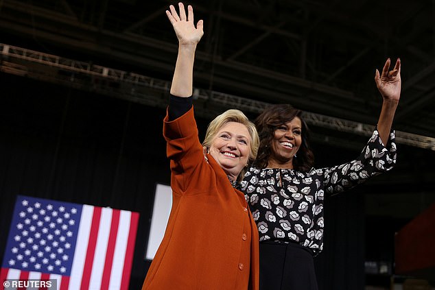 Former first lady Michelle Obama campaigning with Hillary Clinton on October 27, 2016 in North Carolina ahead of the 2016 election.