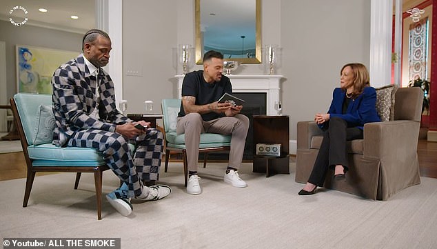 Vice President Kamala Harris appeared on the 'All the Smoke' podcast with hosts and former NBA players Stephen Jackson and Matt Barnes, where they talked about basketball, as well as her family, racial identity, and some politics in a friendly interview environment .