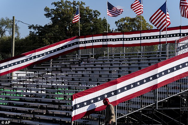 Bleachers are set up before a campaign event for former President Donald Trump, Republican presidential candidate, at the Butler Farm Show, Friday, Oct. 4, 2024, in Butler, Pennsylvania.