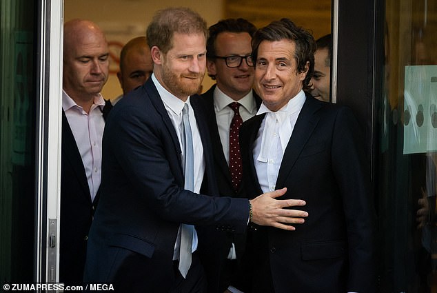 Prince Harry and his lawyer David Sherborne leave the Rolls Building at the Royal Courts of Justice in June 2023.