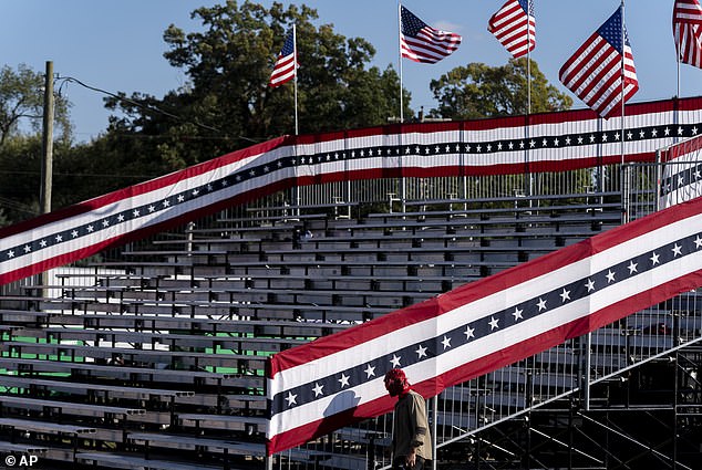 Bleachers are set up before a campaign event for former President Donald Trump, Republican presidential candidate, at the Butler Farm Show, Friday, Oct. 4, 2024, in Butler, Pennsylvania.