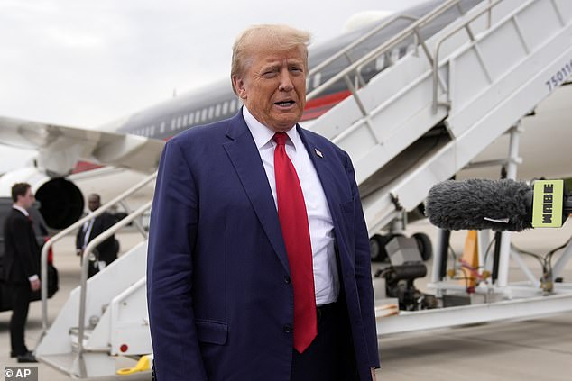 Former President Donald Trump, Republican presidential candidate, speaks to reporters as he arrives at Augusta Regional Airport to visit areas affected by Hurricane Helene, Friday, Oct. 4, 2024, in Augusta, Georgia.