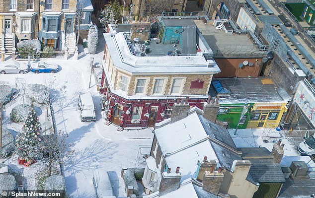 Outside the famous Queen Vic, two large nutcrackers were placed next to the double doors of the pub.